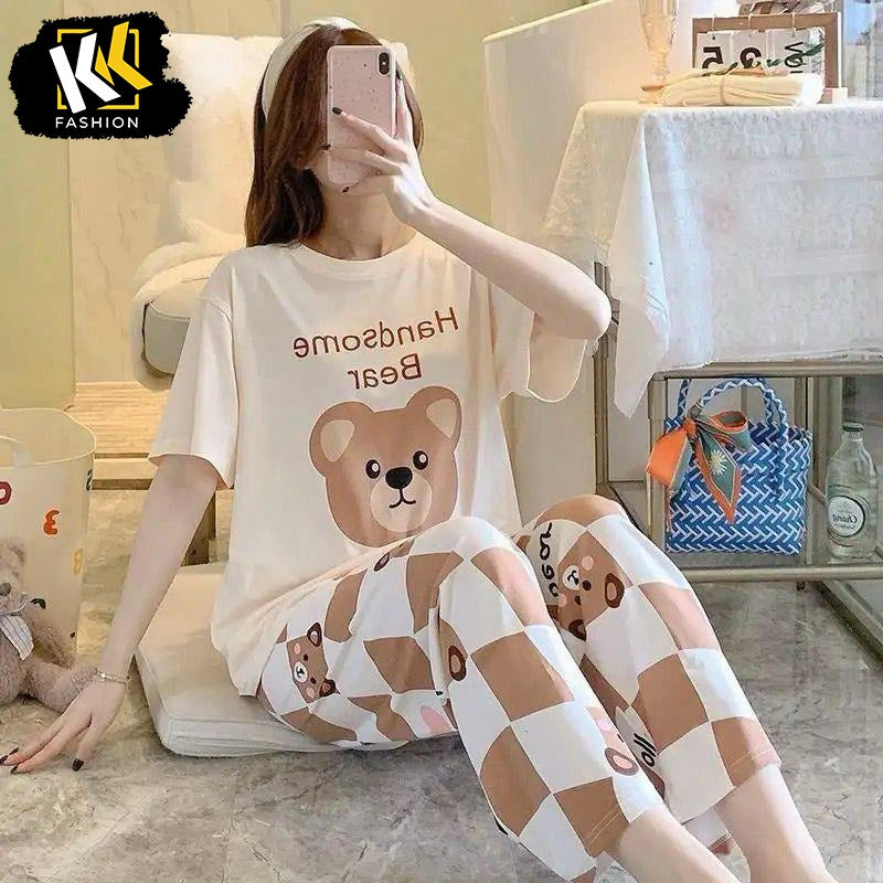 Beige Checkered Bear PJ SUIT